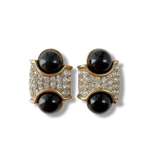 Vintage AFJ Black Cabochon Clear Rhinestone Geometric Clip On Earrings